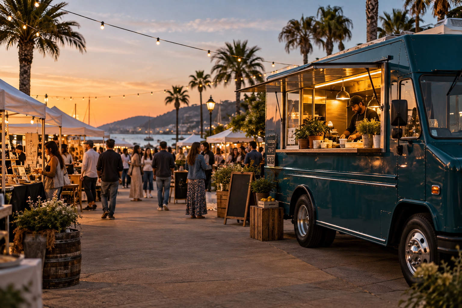 Concept image of food trucks and vendor stalls at an evening community market
